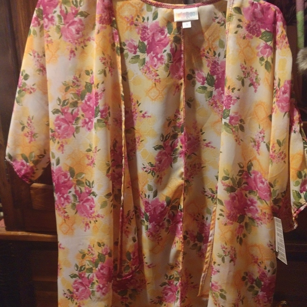 LulaRoe Bianca, size 3, sheer white, pink, yel/org